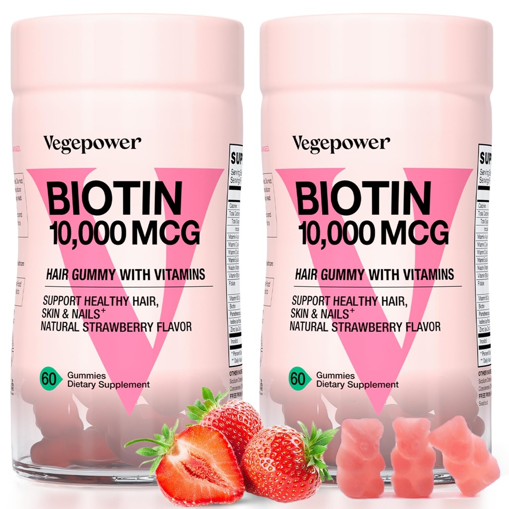 Biotin Gummies 10000mcg kosttilskudd - med vitamin C, A, D, B-kompleks, folium, sink for kvinner og jenter- Vegan Biotin hårvekst Gummi for sunn hår og negler, ikke-GMO, Jordbær, 120 Bjørn