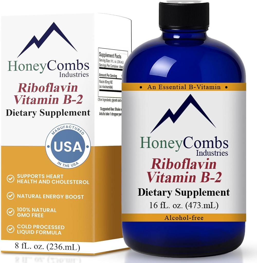 HoneyCombs Vitamin B2 Riboflavin Supplement flytende dråper - høy styrke vitamin B2 for menn og kvinner - opprettholde sunn digestion, nervesystem, hår, hud, negler - Vegan flytende vitaminer (16 fl oz)