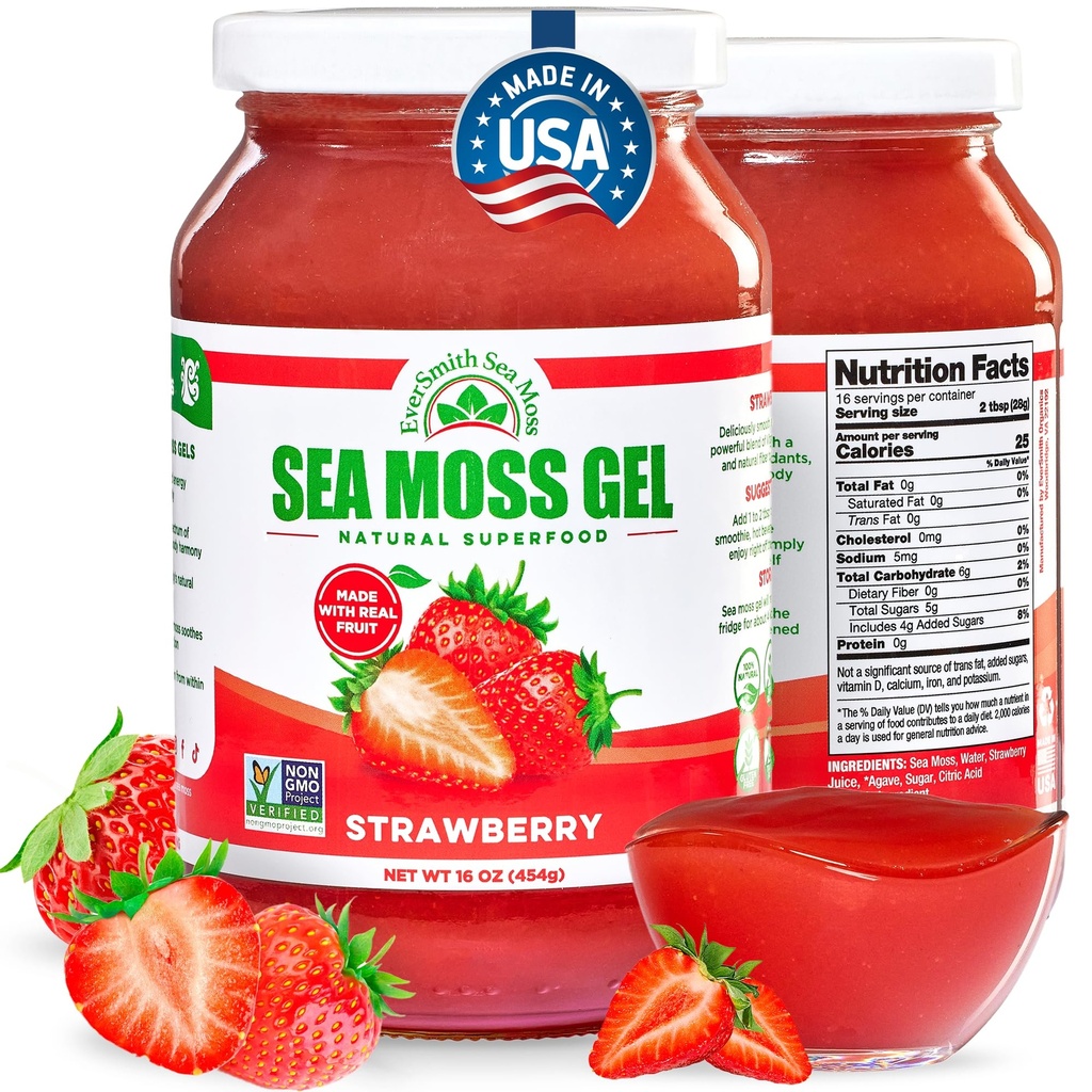 Wildcraft Irish Sea Moss Gel | Laget i USA | Rik på vitaminer og mineraler | Sea Moss Gel Raw | Næringsmiddel | Jordbær (16 oz)