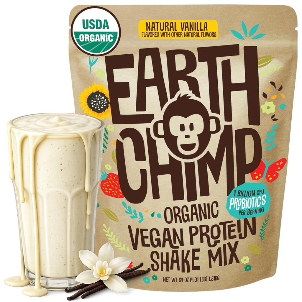 EarthChimp organisk vegansk proteinpulver - med probiotika - ikke GMO, Dairy Free, Non Whey, Plant Basert Protein pulver for kvinner og menn, Glutenfri - 52 Serveringer 64 Oz (Vanilla)