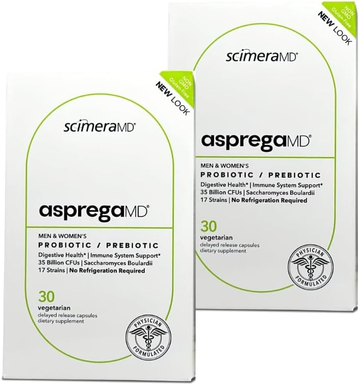 Asprega 30CT - Probiotic + Prebiotic Supplement | 17 Strains, 35 milliarder CFUs | Forsenet release | ZYPRONYOSE Boulardii | for menn og kvinner | av ScimeraMD, 2-Pack