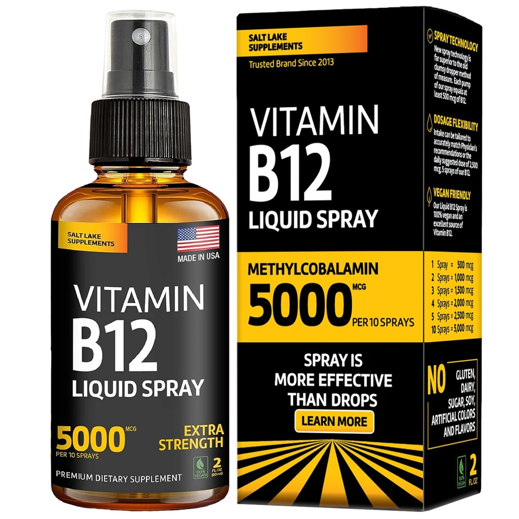 Vitamin B12 Sublingual Spray 5000 mcg – Vegansk Methylcobalamin Flytende B12 Boost Energy, Mood & Brain Helse - Glutenfri, ikke-GMO B12 Spray for menn og kvinner - Enkel dosering (5000 mcg i 10 Sprays)