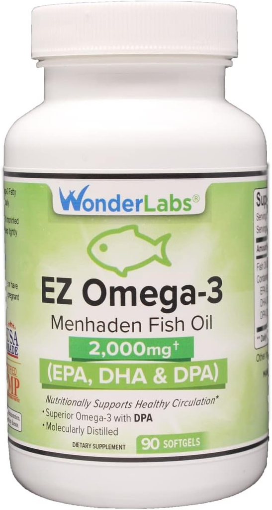 Atlantic Menhaden Fish Oil Omega-3 2000 mg, Burpless, laget i USA, perfekt balanse av EPA+ DHA + DPA 90 Softgels