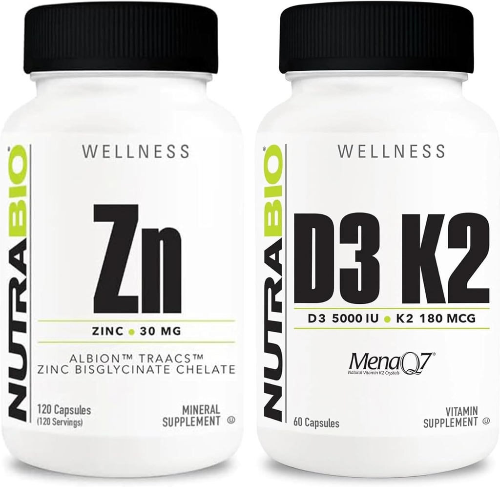 NutraBio Zink Chelat og vitamin D3 K2 Mineral Supplement Bundle - kan hjelpe med riktig vekst, utvikling, immunsystem, og bein og hjerte helse