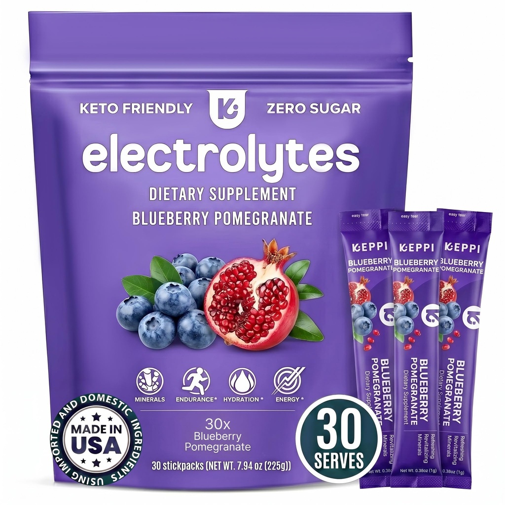Keppi Electrolytes Powder Packets - Blueberry Pomegranate 30 Serveringer - Ingen sukker Hydration Supplement med kalium, magnesium, natrium - keto, vegansk, fastevennlig, null calorie Hydration Packets