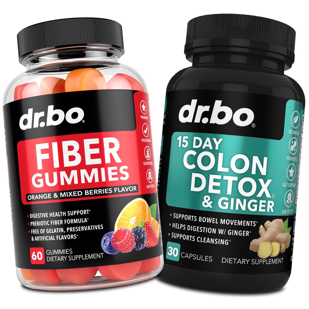 DR. BO Fiber Gummies Colon Cleanse & Ginger - Tasty Gummy Prebiotic Fiber Supplement - Bowell Movement Support for Gut & Mage rengjøring