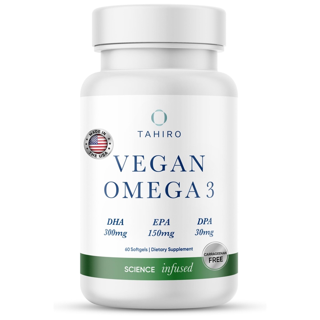 TAHiro Vegansk Omega-3 Softgels - Plantebasert Supplement med DPA, DHA & EPA - Næringsstoffer for menn, kvinner og gravide kvinner - støtter hjernens helse - Prenatal & Joint Supplements, 1000 mg