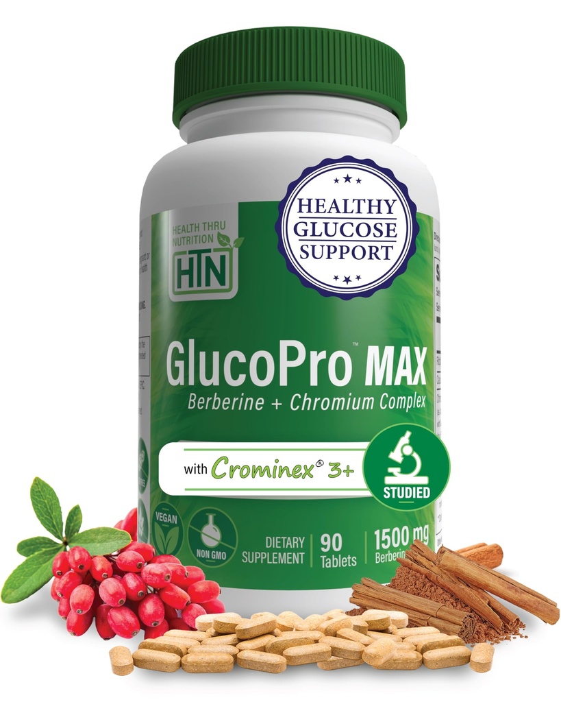 Helse Thru Nutrition GlucoPro Max - med 1500 mg Berberin, Chrominex + Chromium, og 1000 mg kanel | Vegan, ikke-GMO, Glutenfri | Pakke med 90