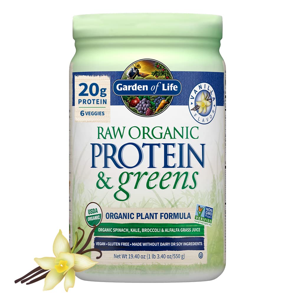 Livshage Rå Organisk Protein & Grønn Vanilla - Vegansk Protein pulver for kvinner og menn, Plante og Era Proteiner, Grønn og Probiotika, Glutenfri Low Carb Shake laget uten Dairy 20 serveringer