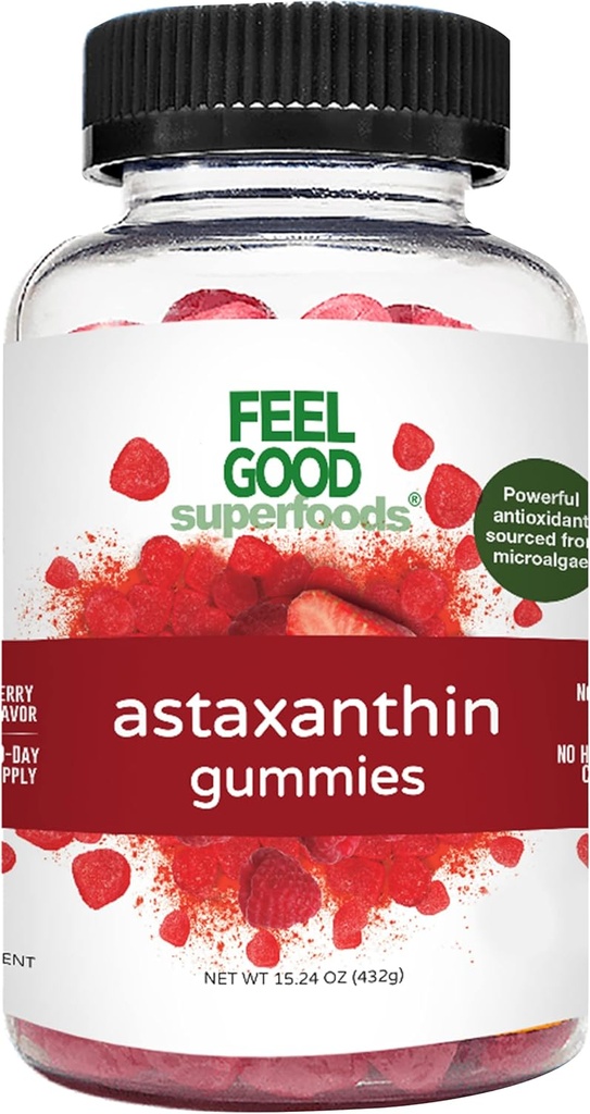 FeelGood Superfoods Astaxanthin Supplements, 6 mg Antioksidant Gummies for hud og øye helse, Berry Flavor, Vegansk, Ikke-GMO, 60 greve