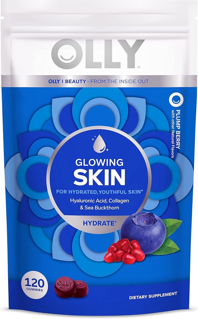 OLLY Glødende huden kollagen gummy, Hydrated, Ungdomsfull hud, hyaluronsyre, Sea Buckthorn, Chewable Supplement, Berry, 60 dagers forsyning - 120 Count Pouch (Pack of 6)