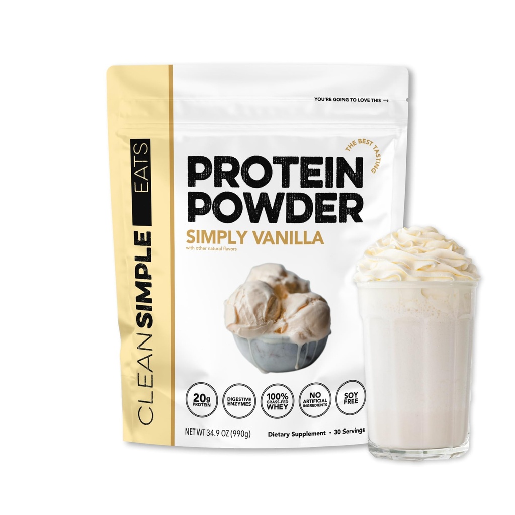 Ren enkel spiser Whey Protein Powder, enkelt Vanilla Flavor naturlig søtet, 100% Grass Fed Protein Powder med digestive enzymer og ingen kunstige ingredienser, glutenfri, 30 serveringer