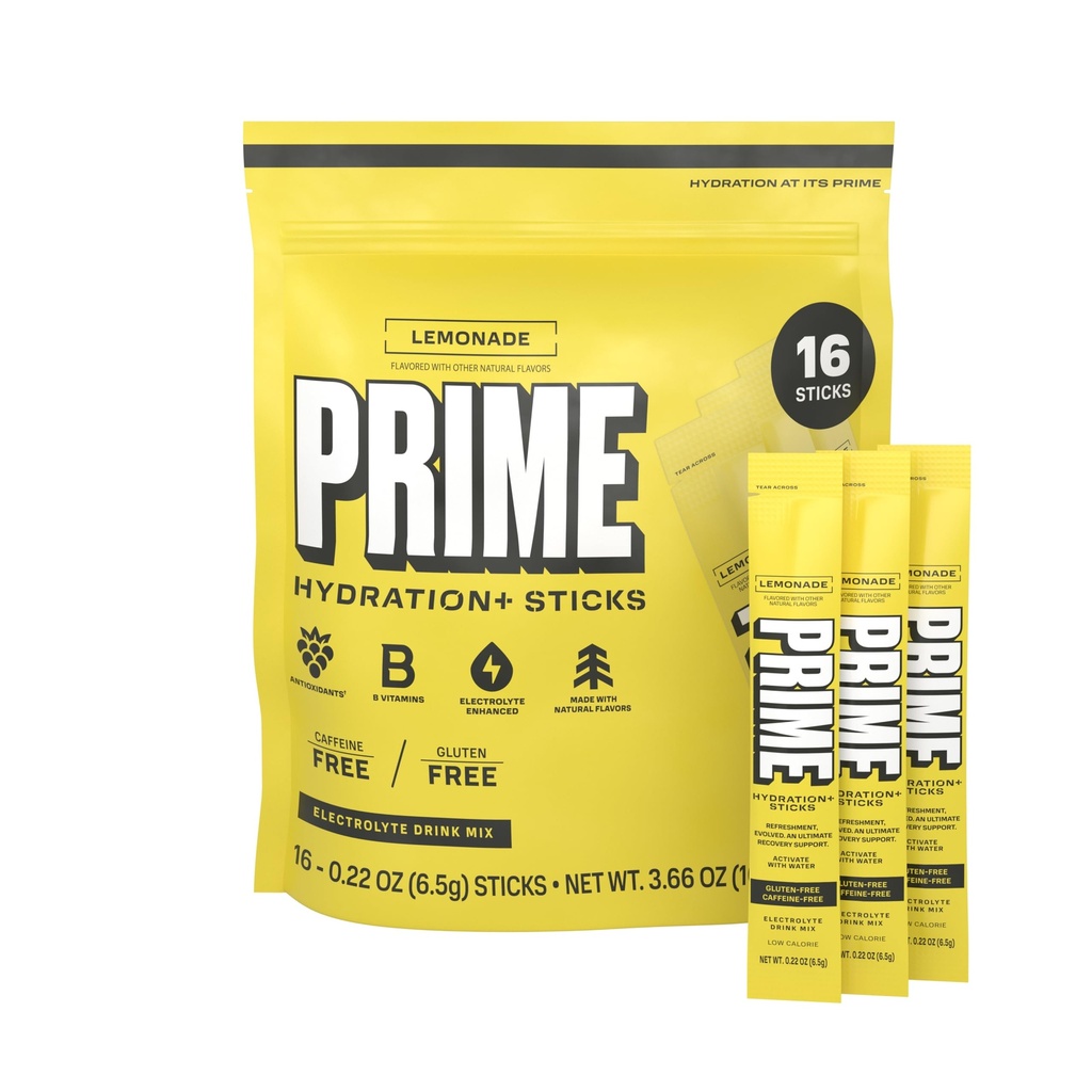 PRIME HYDRATION+ Sticks Lemonade |Hution pulver enkelt servere pinner | Elektrolytt pulver på farten | Lav sukker | Koffeinfri | Vegan | 16 Sticks