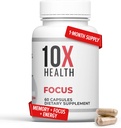 10X Helse Focus Rhodiola Rosea - Brain Kosttilskudd for minne og fokus - 60 Kapsler Fokus Supplement, Minne Supplement for hjernens helse med Ginkgo Biloba, Huperzine A - Ginkgo Biloba Kapsler