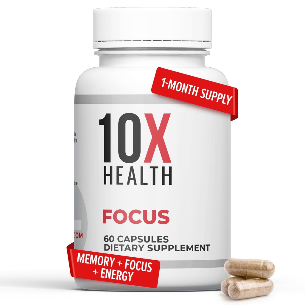 10X Helse Focus Rhodiola Rosea - Brain Kosttilskudd for minne og fokus - 60 Kapsler Fokus Supplement, Minne Supplement for hjernens helse med Ginkgo Biloba, Huperzine A - Ginkgo Biloba Kapsler