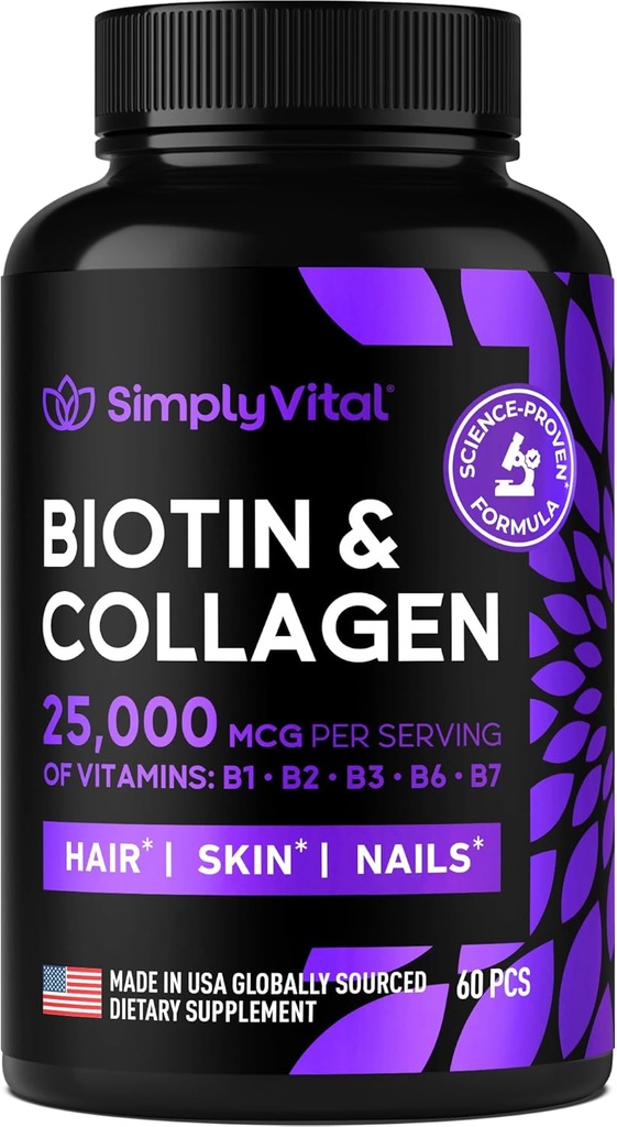 Biotin og kollagen Supplements med Keratin 25000 mg - Håret Hud og negler Vitaminer med collagen Keratin B Complex - laget i USA - Biotin for hårvekst kvinner og menn støtte hud og negler, 60 kapsler