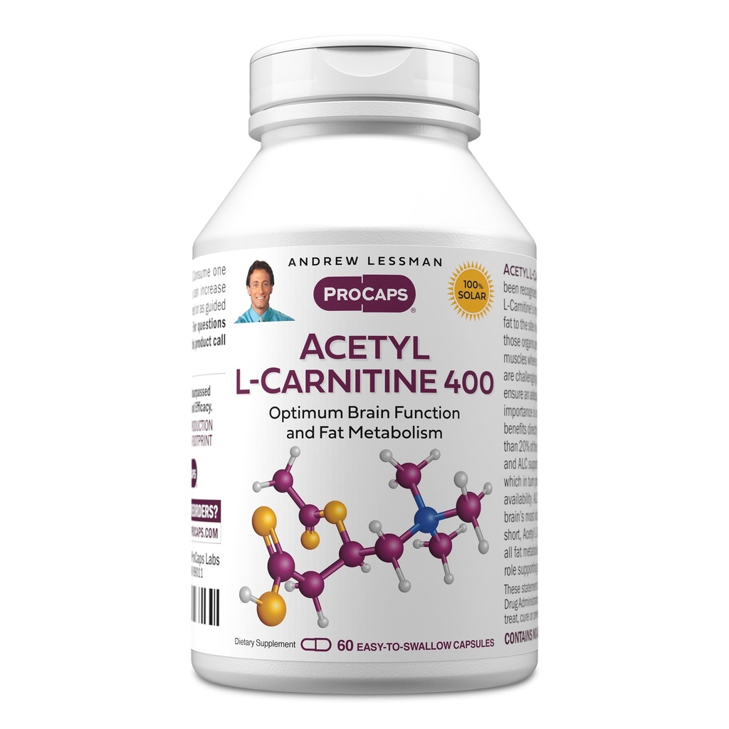 ANDREW LESSMAN Acetyl L-karnitin 400 mg - 60 kapsler - Støtte for nervesystem, fett og energi metabolisme, sunn hjernefunksjon, sunn blodflyt til hjernen. Lett å kaste kapsler.