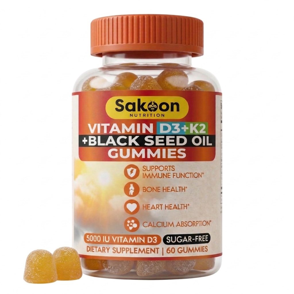 Sakoon ernæring 5000 IU vitamin D3 K2 vitamin Supplement med svart frøolje for bein, tenner, muskler, og immunforsvar støtte, ikke-GMO og glutenfri, 60 Gummy Chewables