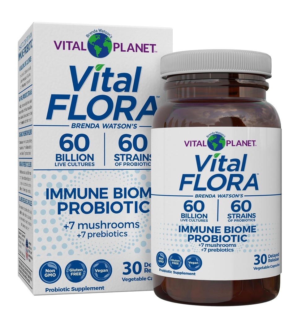 Vital Planet - Vital Flora Immune Support Probiotic, 60 milliarder CFU, Diverse Strains, Organic Mushroom Supplement Blend med prebiotika, Digestive helseprobiotika for kvinner og menn 30 kapsler