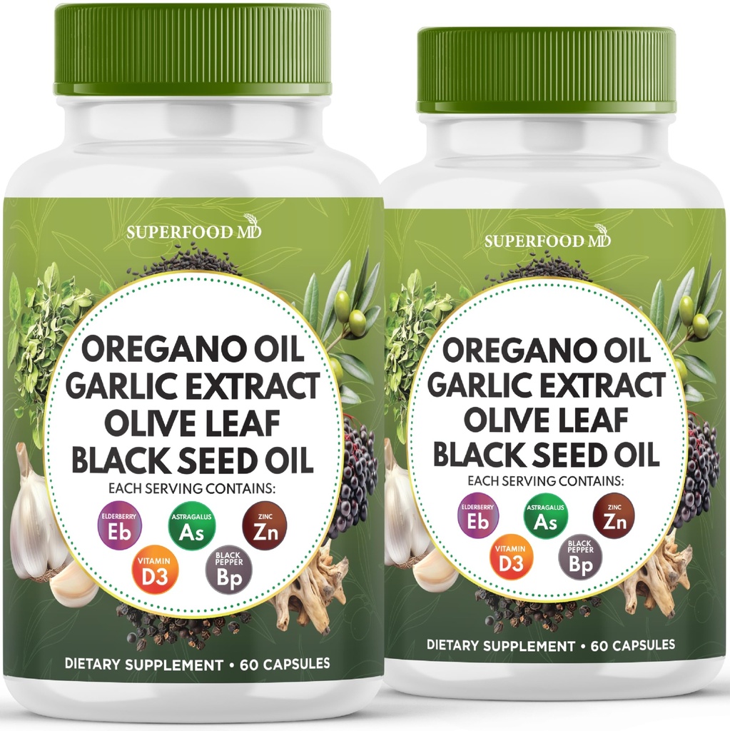 Oregano olje, hvitløk ekstrakt, Olive Leaf, svart frøolje, astragalus-Immune støtte og digestiv helse supplement for kvinner og menn- 120 greve