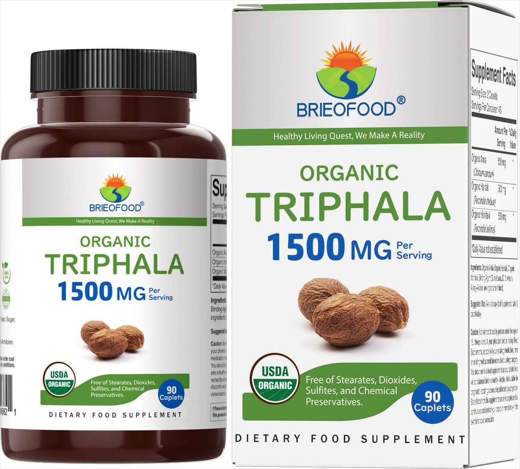 Brieofood Økologisk Triphala 1500mg, 45 Serveringer, Vegetarisk, Glutenfri, 90 Vegetariske tabletter