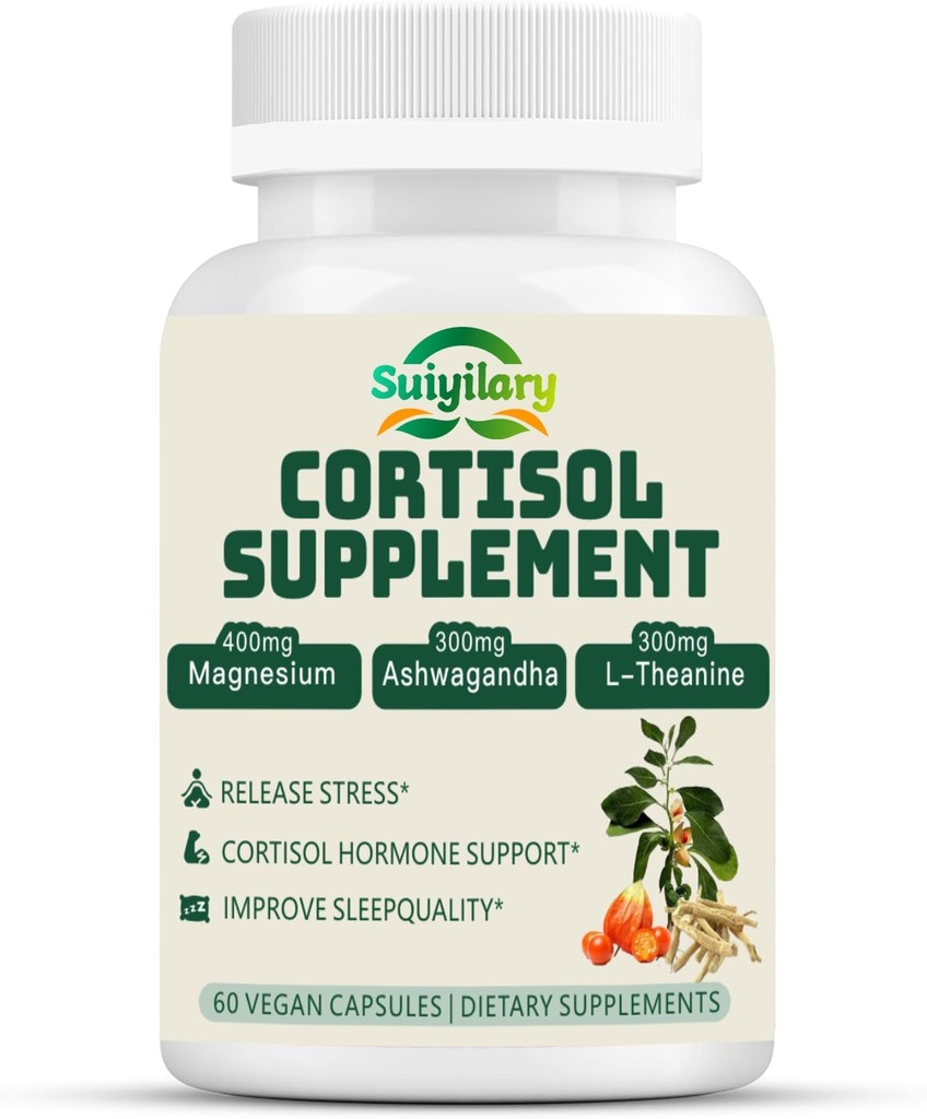 Cortisol Supplement for kvinner menn, hormonbalanse, Magnesium, Ashwagandha, Rhodiola, L-Theanine, Vitamin B6 & B12, Mood, Fokus, Søvnstøtte, Vegan 60 Kapsler
