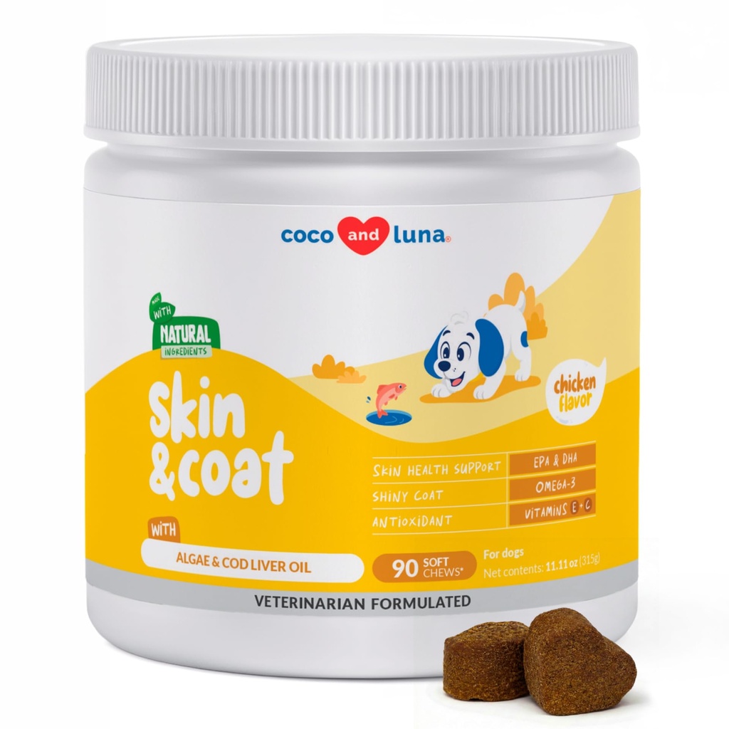 Omega 3 Fiskeolje til hunder - Hud og Coat Supplement med Cod Liver Oil, Algae, EPA & DHA Fatty Acids for hund Shedding, Kylling Relief, Hot Spots, Hud Allergi, Felles & hjerte støtte - 90 Myke Chews