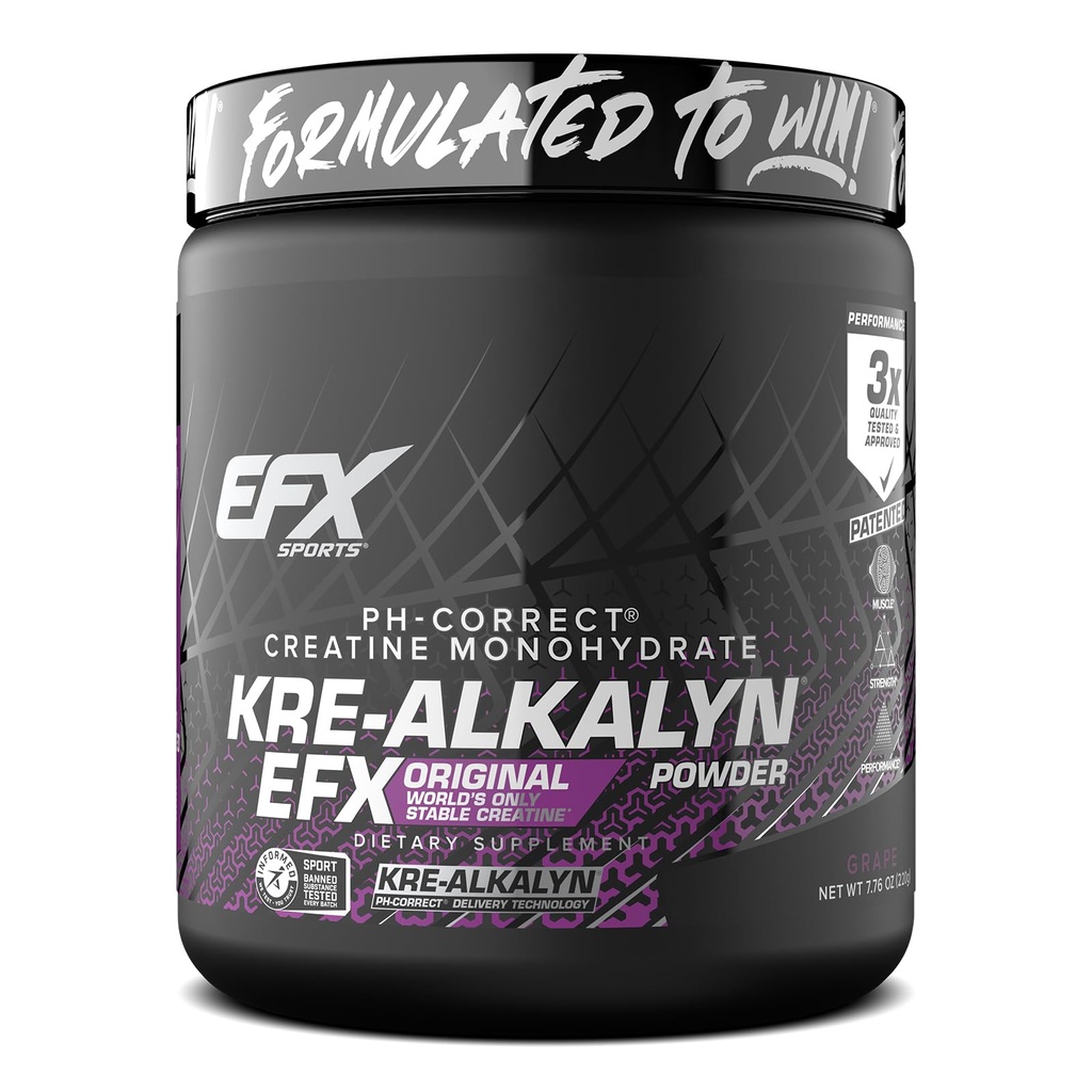 EFX Sports Kre-Alkalyn EFX Powder ® pH Korrekt Kreatin Monohydrat pulver Supplement ® Styrke, muskelvekst og ytelse ® 110 Serveringer (Grape)