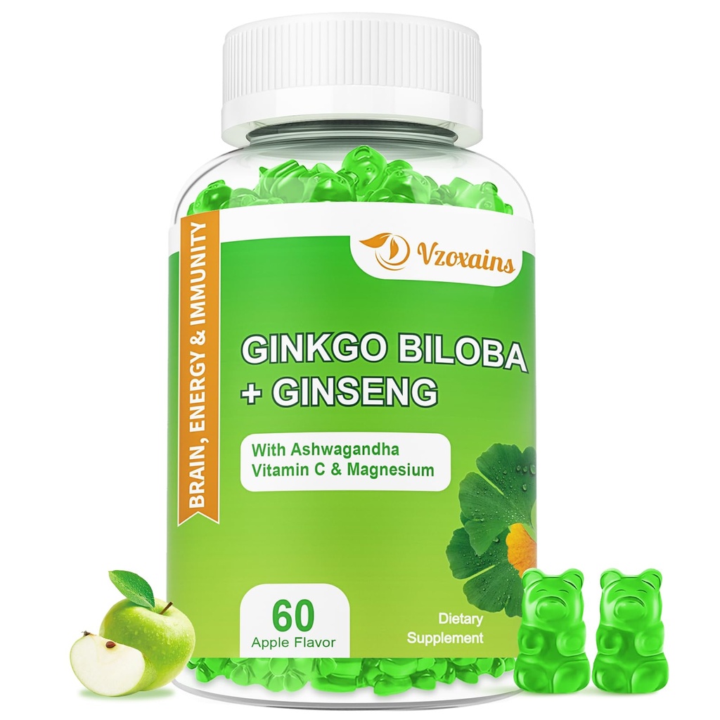 240MG Ginkgo Biloba Gummies med Ginseng og Magnesium, Ginko Biloba Supplements Gummies for Brain Focus, Mood og minne for voksne, 60 Cts