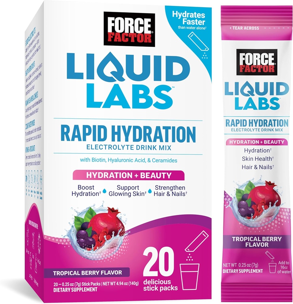 Kraftfaktor flytende Labs skjønnhet, Hydration Packet for sterkere hår, hud og negler. Elektrolyserer pulver med Hyaluronsyre, Biotin og Ceramider. Tropisk Berry Flavor, 20 Stick Packs