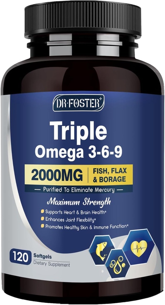 Triple Omega 3-6-9 Fish Oil 2000mg med vitamin E - EPA & DHA Fatty Acids Supplement - Støtter hjerte, hjerne, øye, hud og immun helse - Inkluderer Flaksfrø & bore, ikke-GMO, 120 Softgels