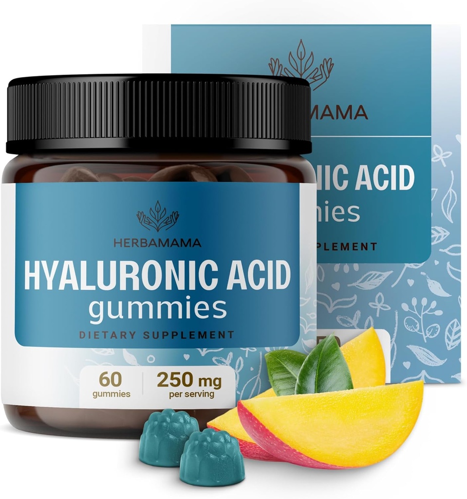 HERBAMAMA Hyaluronsyre Gummies - 250mg ren hyaluronsyre for hår, hud og negler støtte - Vegan, ikke-GMO hud elastisitet supplement - 60 Pektin-basert mango-flavored Chews