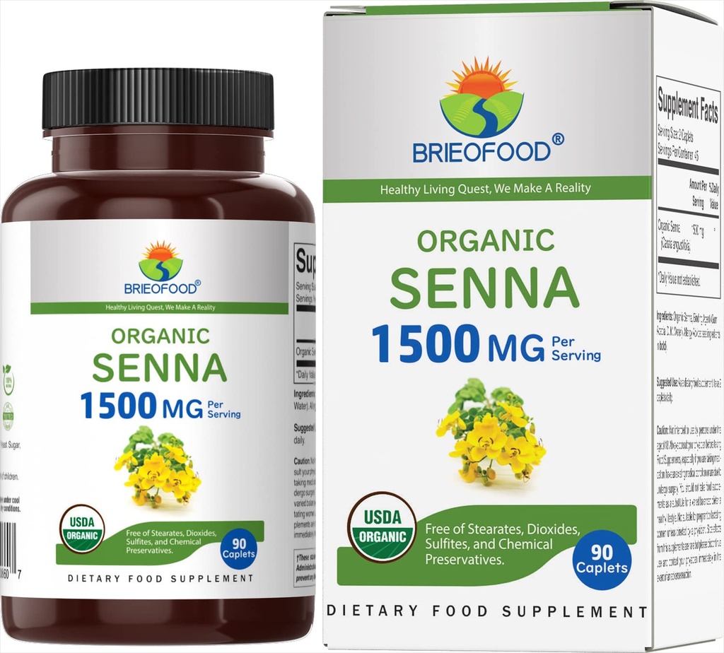 Brieofood organisk Senna 1500mg, 45 serveringer, vegetarisk, glutenfri, 90 vegetariske tabletter