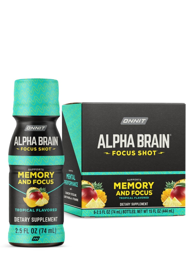 ONNIT Alpha Brain Focus Shot, Tropical Flavor, Nootropic Dietary Supplement Drink som støtter energi, fokus, og Mood, IGENTM Non-GMO Testet, 2,5 fl oz, 6 Count