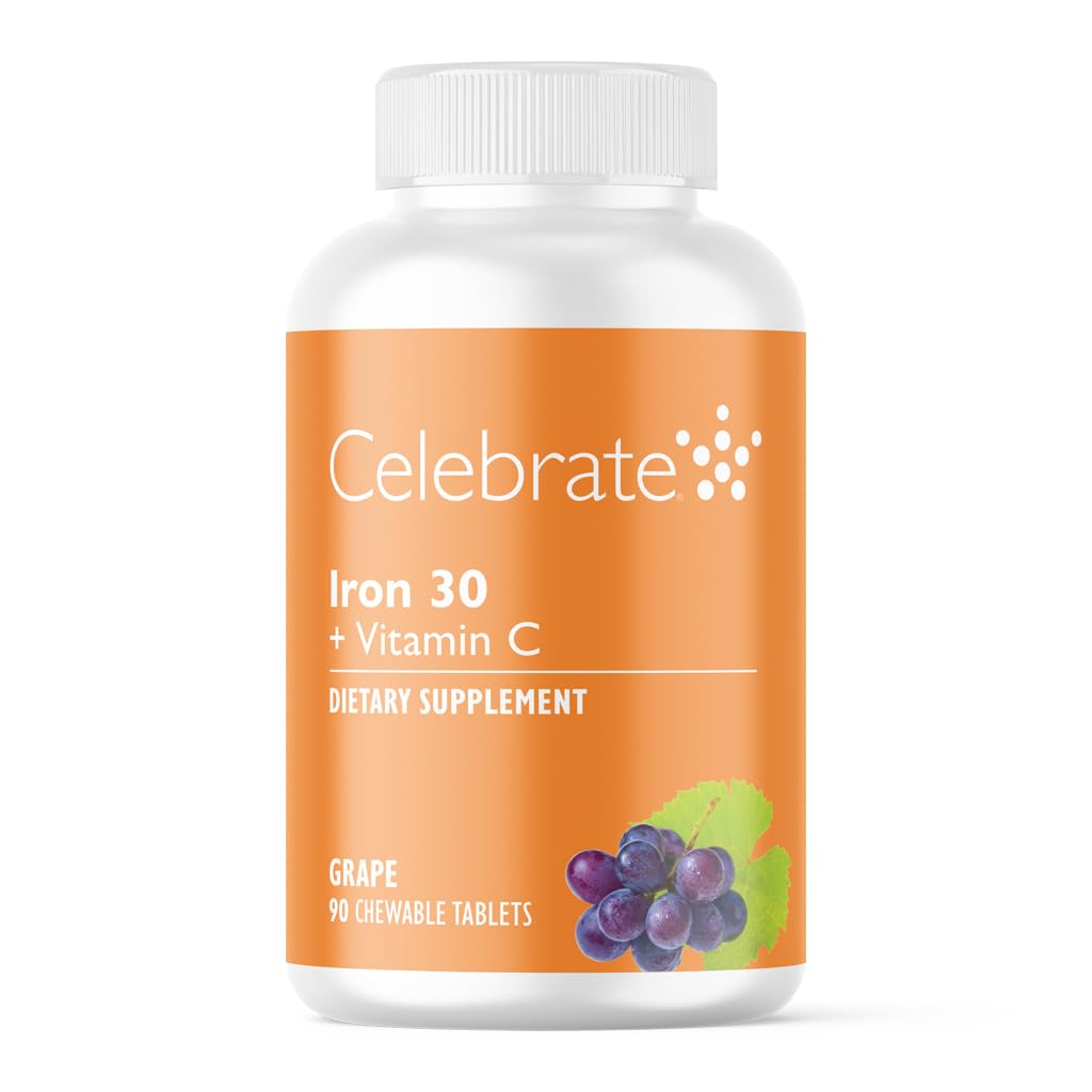 Feire vitaminer jerntilskudd med vitamin C - 30mg jern, 60mg vitamin C, Bariatric vitaminer for WLS pasienter, Vertikal erme og gastrisk bypass kirurgi - Grape, 90 Chewable tabletter