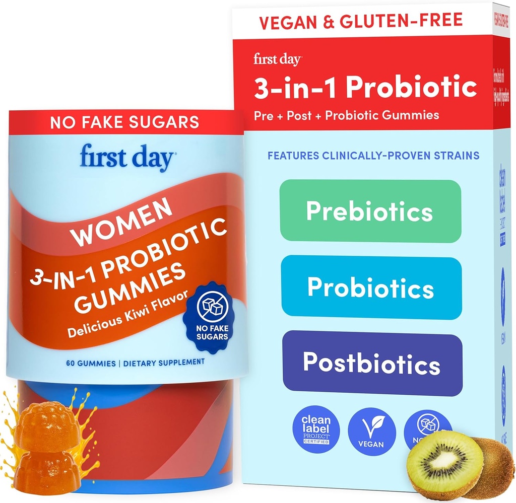 Forrige dag Kvinner 3-i-1 Probiotika Gummier – Prebiotiske + Probiotiske + Postbiotiske Supplement – støtter digestiv og oral helse, immunfunksjon og energinivå – 30-dagers forsyning