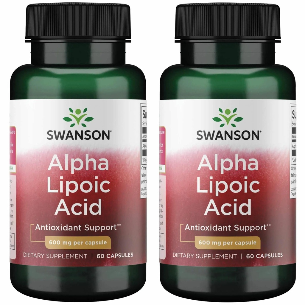 Swanson Alpha Lipoic Acid - Naturlig kosttilskudd som støtter sunne blodtrykksnivåer allerede innen et normalt område - fremmer karbohydratmetabolisme - (60 kapsler, 600 mg hver) (2 pakke)