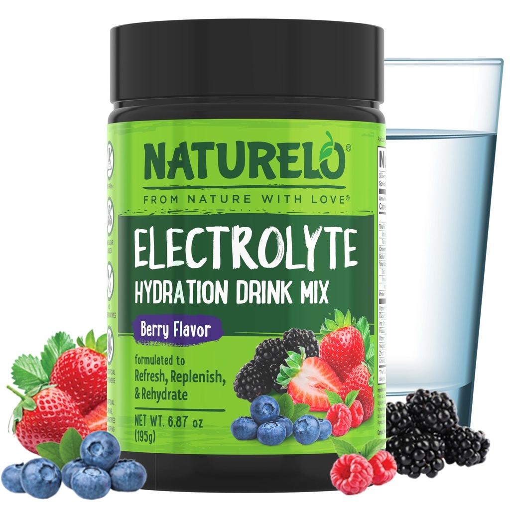 NATURELO Electrolyte pulver, hydrering og mineral drikk blanding, sukker gratis og ikke-GMO Berry Flavor 50 serveringer