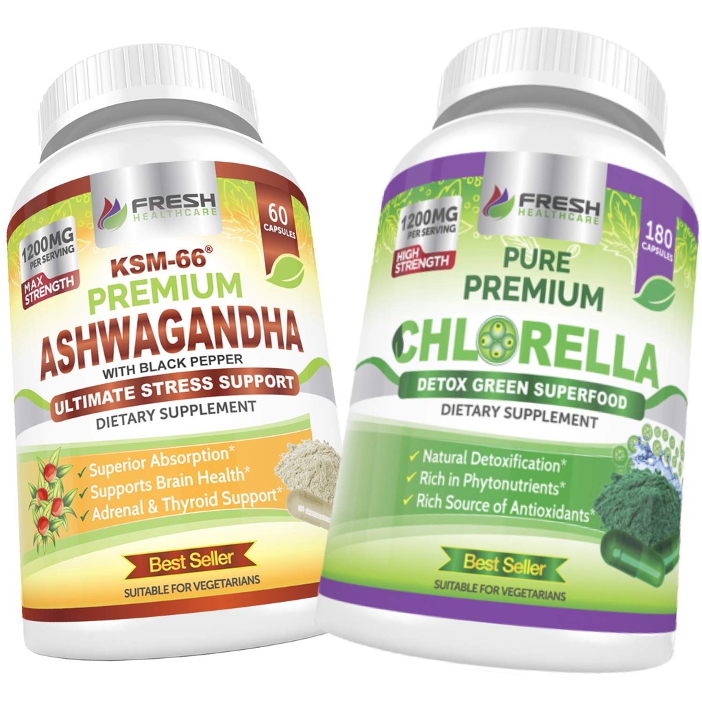 FRESH HealthyCARE Ashwagandha KSM 66 og Chlorella Detox Superfood - Bundle