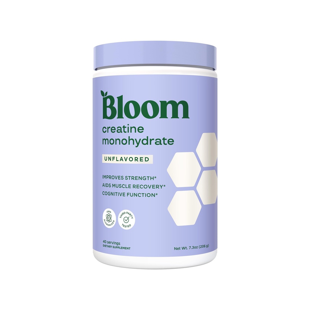 Bloom Nutrition Kreatin Monohydrat pulver, 5 g mikronisert kreatin per servering, støtter muskelgjenvinning, styrke, utholdenhet, pre eller post trening, glutenfri, ikke GMO, uflavorert, 40 SVG, 7,3 oz