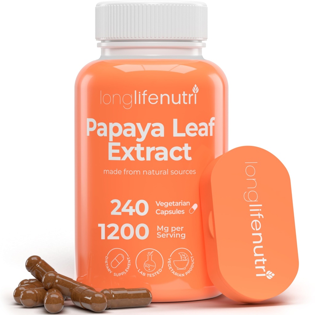 LongLifeNutri Papaya Leaf ekstrakt Supplement 1200mg per servering - 240 Vegetariske kapsler, 4-måneders forsyning, fra Carica Papaya for daglig velvære, GMP sertifisert, laget i USA