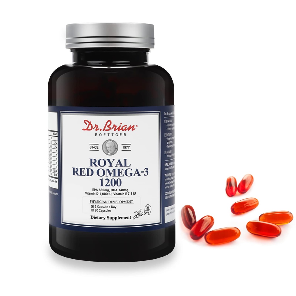 Dr. Brian Royal Rød Omega 3 1200, Fiskeolje Supplement med EPA og DHA Omega3 Fiskeolje Inneholder vitamin D,E Omega-3 Støtte for fysisk helse - 90 Myke geler