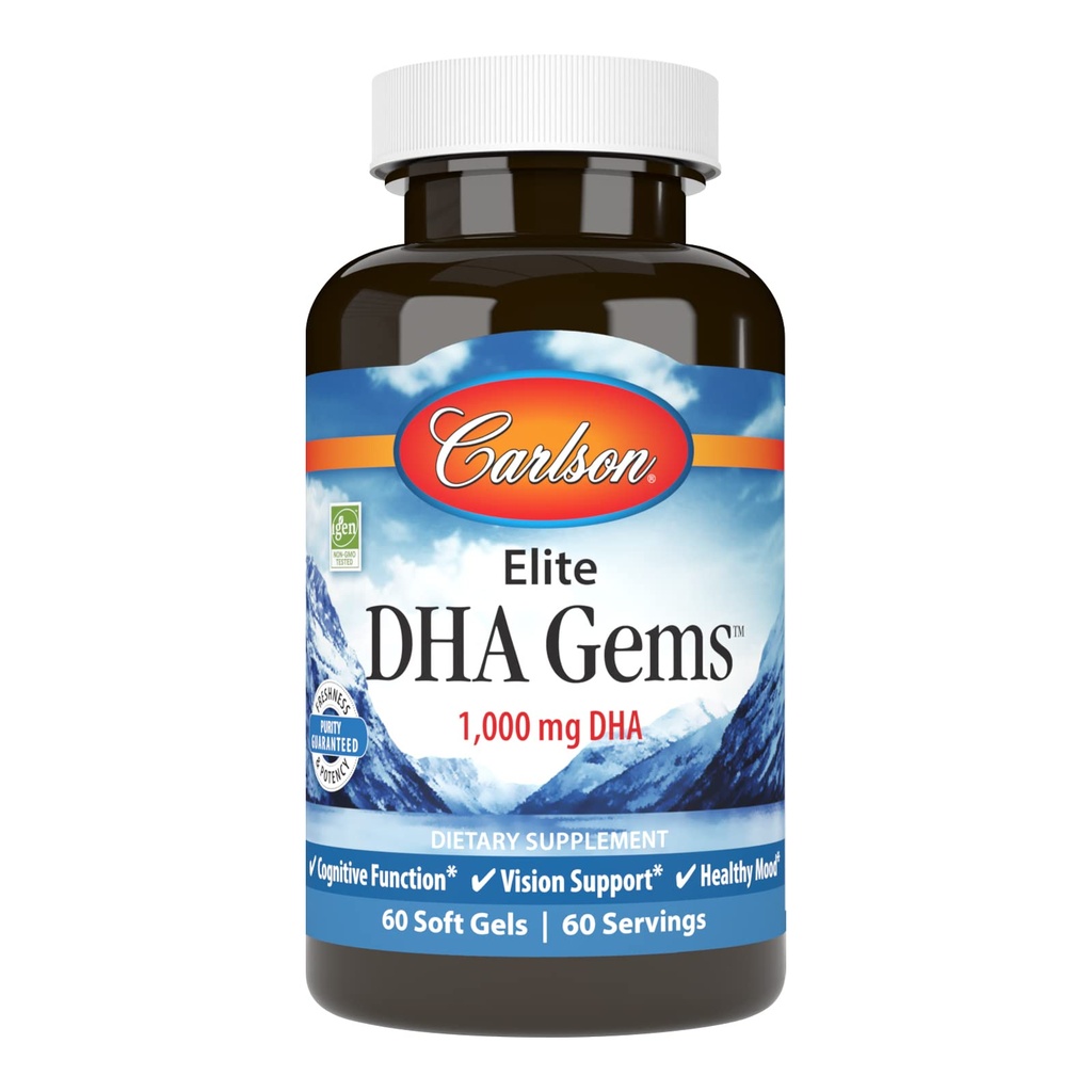Carlson - Elite DHA Gems, 1000 mg DHA, Wild Caught, Sustainly Sourced, Hjernefunksjon og sunn visjon, 60 Softgels