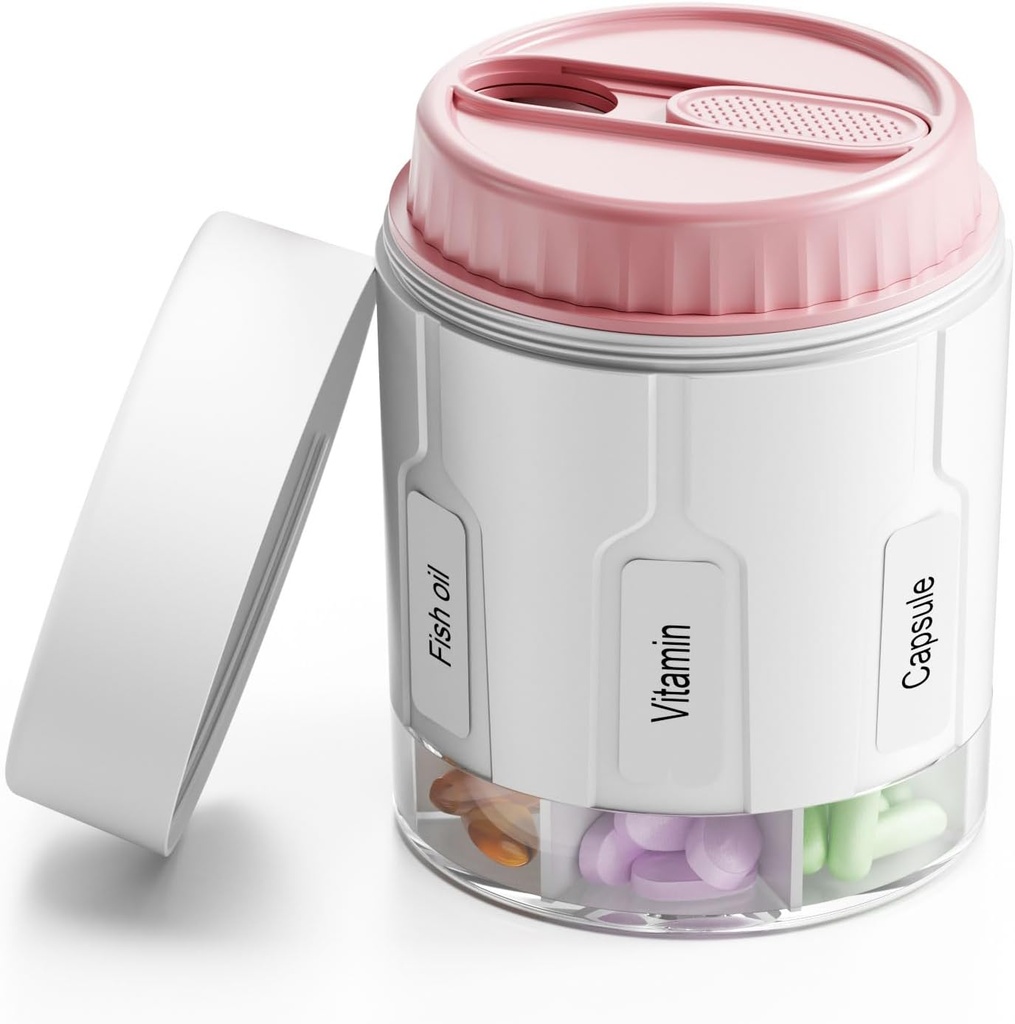 Daviky Pille Flaske Arrangør, Supplement Organizer med 7 store sammenligninger, Reisepille Dispenser Round Pill Box med to Lids (Pink