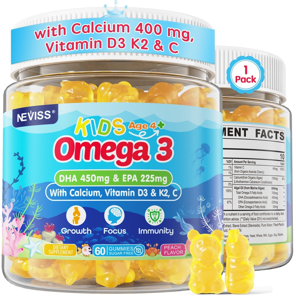 Kids Omega 3 Gummies + Kalsium 400mg + vitamin D3 K2 + C, Omega-3 DHA & EPA Supplement - Ingen fisk Burps, Ingen sukker - Kids & Tenåringer Omḛga 3 + Multivitamin Gummy for sterke bein, hjerne, immune, øye, 60Cts