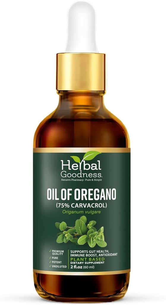 Herbal Goodness Oil av Oregano Drops 2 Fl oz – 75% Carvacrol med Jomfru Olive Olje, Oregano Olje for immun støtte og digestiv helse, essensielle oljer for huden, Aceite de Oregano