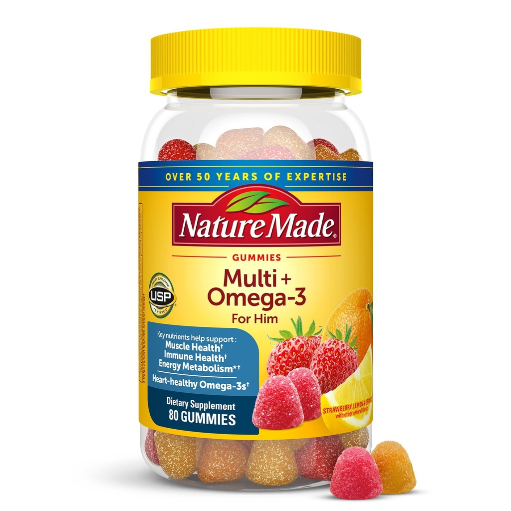 Naturlaget Mens Multivitamin Gummier med Omega-3, Mens Gummy Multivitaminer for daglig ernæringsstøtte, 80 Gummy vitaminer og mineraler, 40 dagers forsyning