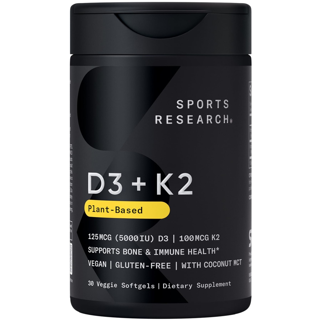 Idrettsforskning Vegansk vitamin D3 + K2 Supplement med økologisk kokosolje - 5000iu vitamin D med 100mcg Mk7 vitamin K - støtter kalsium for sterkere bein og immun helse - 30 Softgels for voksne