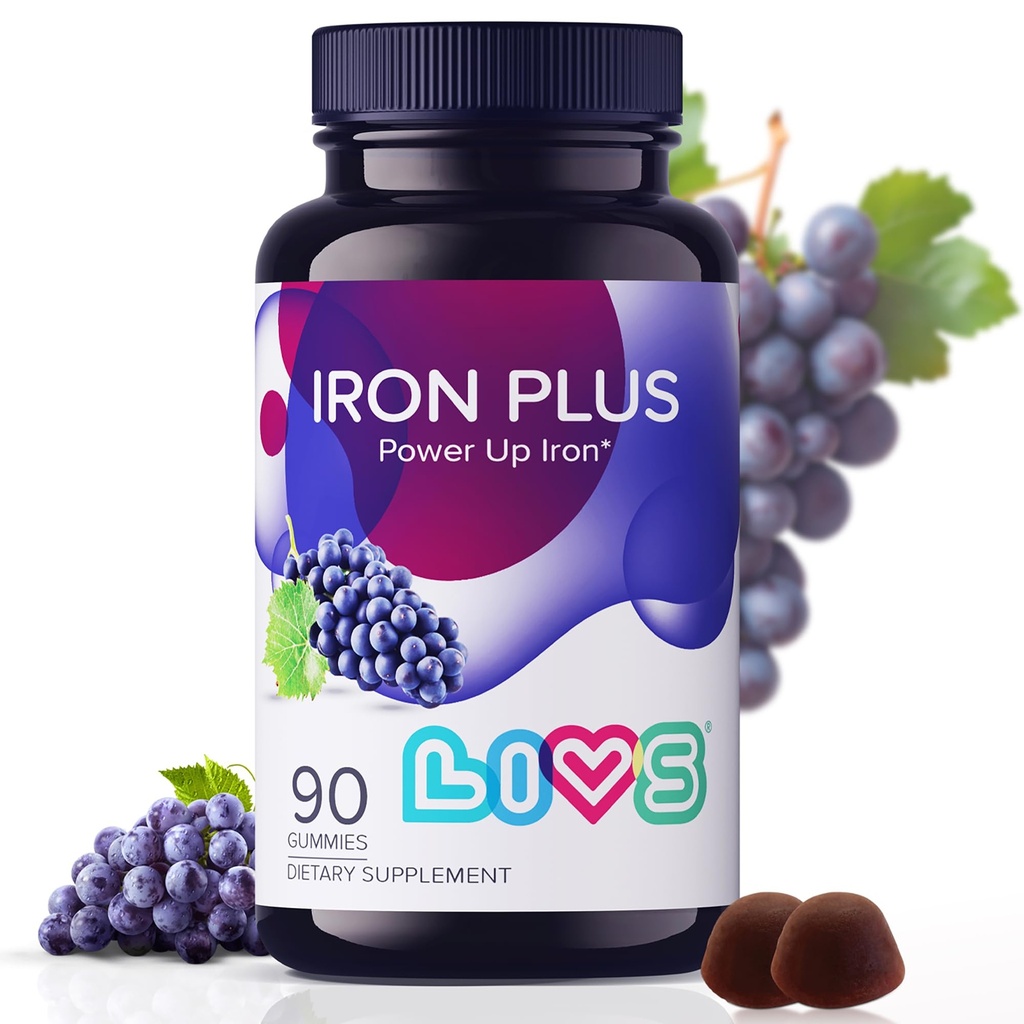 LIVS Jern Supplement for kvinner og menn med vitamin C, A, B3, B5, B6, B12, Biotin, sink & folat ikke-GMO, Glutenfri Chewable Supplement som Gummy for energiforsterkning og anemi støtte - - 90 Antall