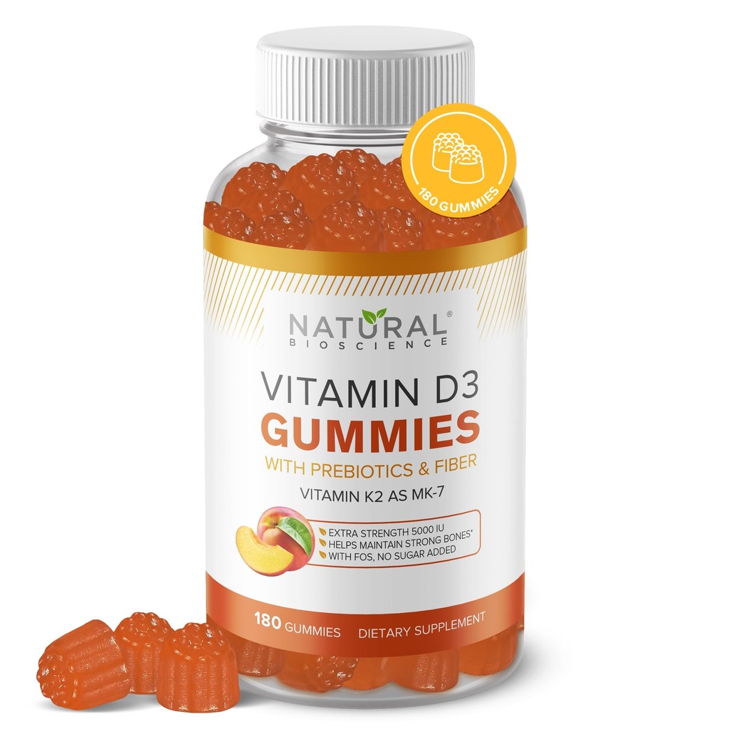 Sugar Free Vitamin D3 K2 Gummies - Vitamin D3 Gummies 5000 IU+K2 MK7 80 mcg, K2 D3 Vitamin Supplement voksne, Vitamin D K2 for Bein, Immun, Hjerte, Mood, Glutenfri, Ikke-GMO, Naturlig fersken Flavor